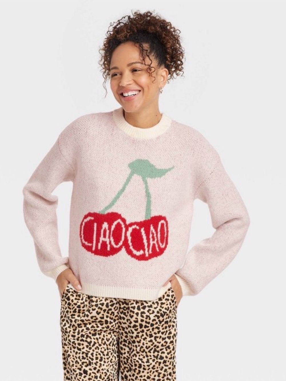 a new day Pink Crewneck Sweater with Red Cherry Graphic